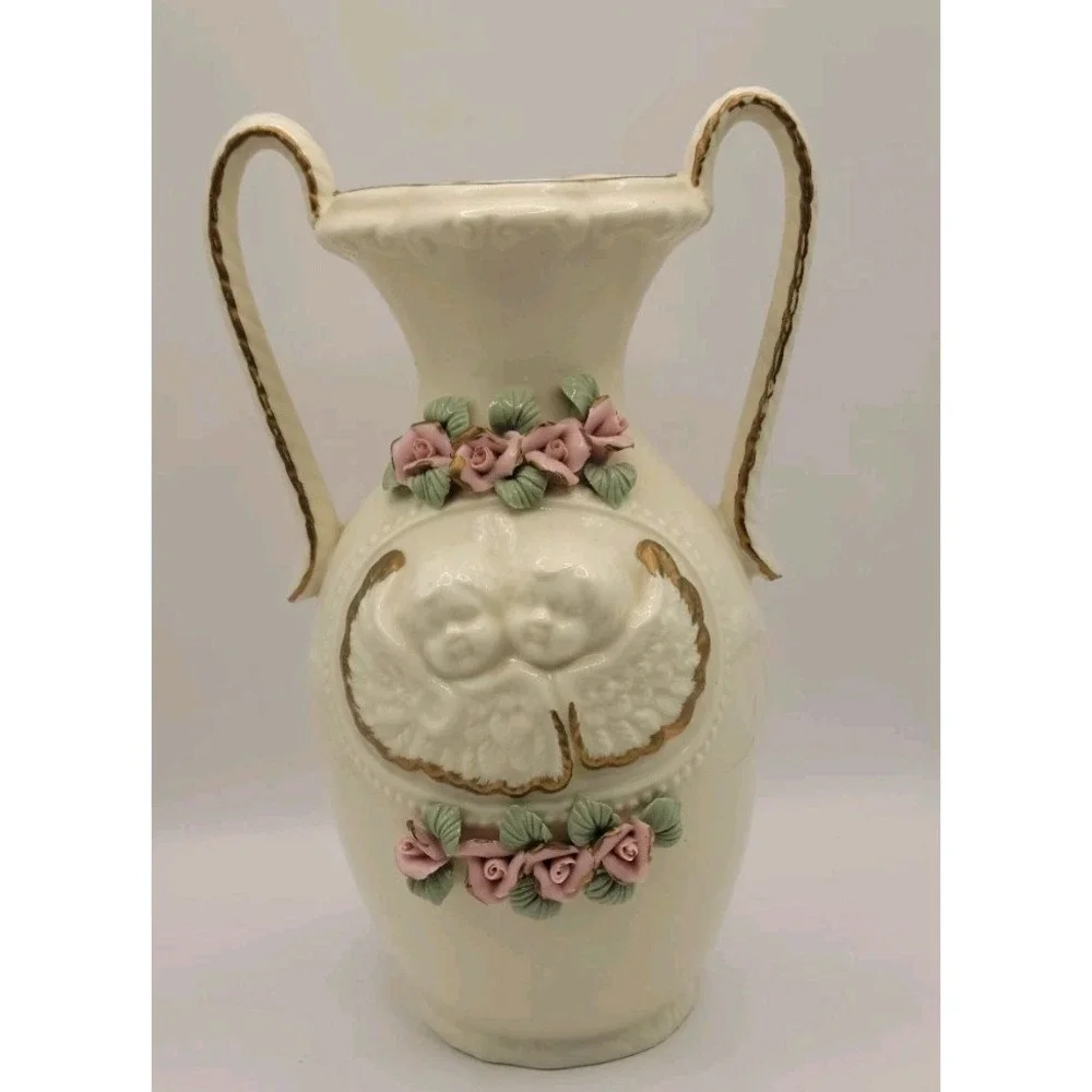 Vintage Cherub Angel Vase Ivory Ceramic 10